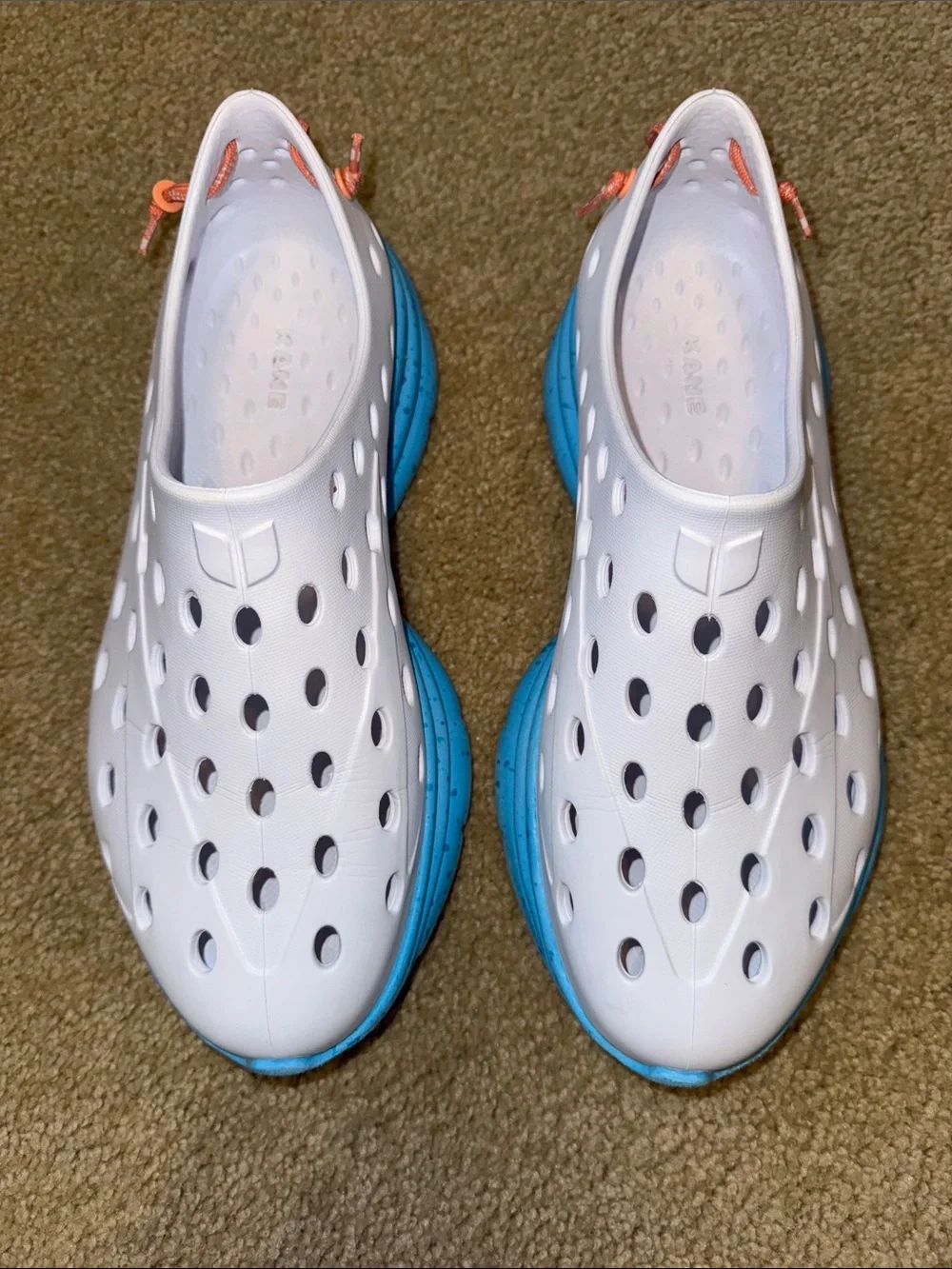 Kane Men's White Slip-On Water Sandals with Blue Soles and Orange Pull Tabs